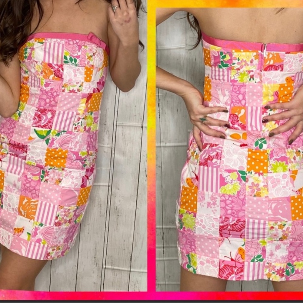 Lilly Pulitzer Women's Dress Sheath Floral multi Color Patch Work Strapless SZ 0